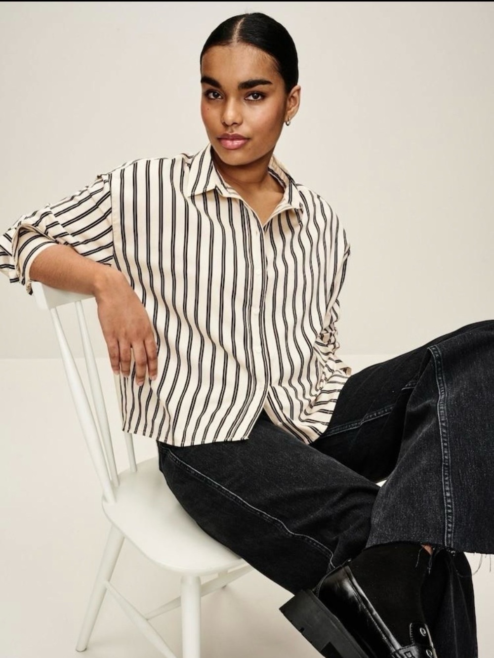 NWT Banana Republic Women’s Quinn Boy Fit Stripe Shirt PXS Petite XS Black Ivory